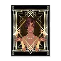 DesignArt 'Retro Girl in Golder Art Deco Geometrics i' Современа врамена платно wallидна уметност печатење