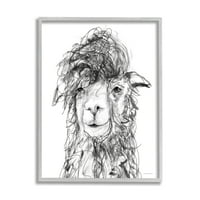 Sumpell Industries Fluffy Hair Alpaca Llama Smiling Scribble Lines, цртање печатење сива врамена уметност