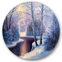 DesignArt 'Божиќна шума со дрвја и река i' традиционална метална wallидна уметност - диск од 36