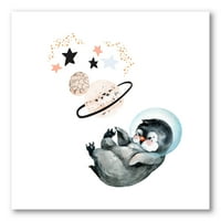 Малку пингвин со планети и starsвезди што сликам платно уметничко печатење
