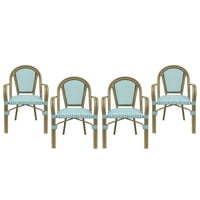 Сесил алуминиум и плетен француски бистро столици на отворено, сет од 4, лесен задеж, бел и печатење од дрво