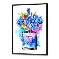 DesignArt 'Парфем Шанел Пет со француска земја со сини цвеќиња, врамена платно за печатење на wallидови